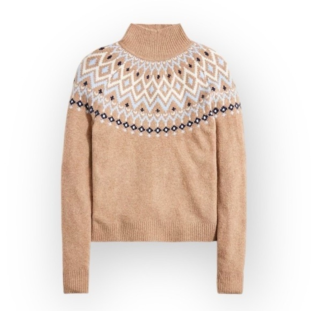 J.Crew Fair Isle Mock Neck Sweater Camel Blue Extra Soft Womens XXS